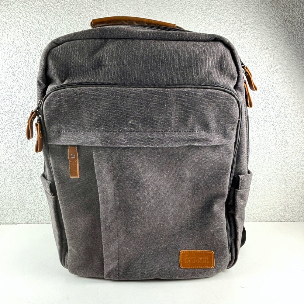 Estarer Canvas Laptop Backpack Mens Large Grey USB Charging Port